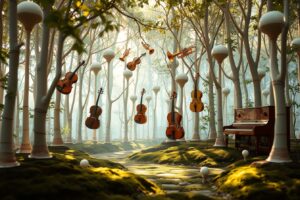 Whimsical Forest of Floating Instruments – free AI stock image