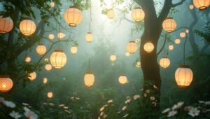 Whimsical Forest of Floating Lanterns – free AI stock image