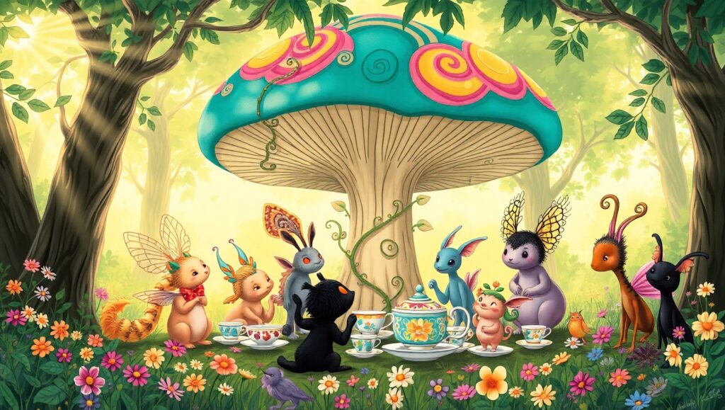 Whimsical Forest Tea Party – free AI stock image