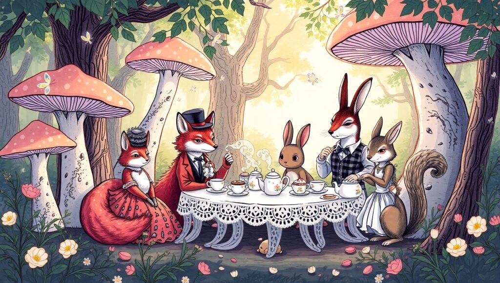 Whimsical Forest Tea Party – free AI stock image