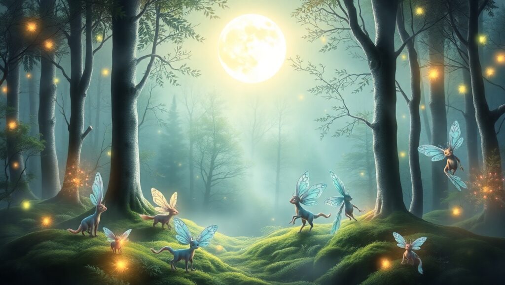 Whimsical Forest Under Moonlight – free AI stock image