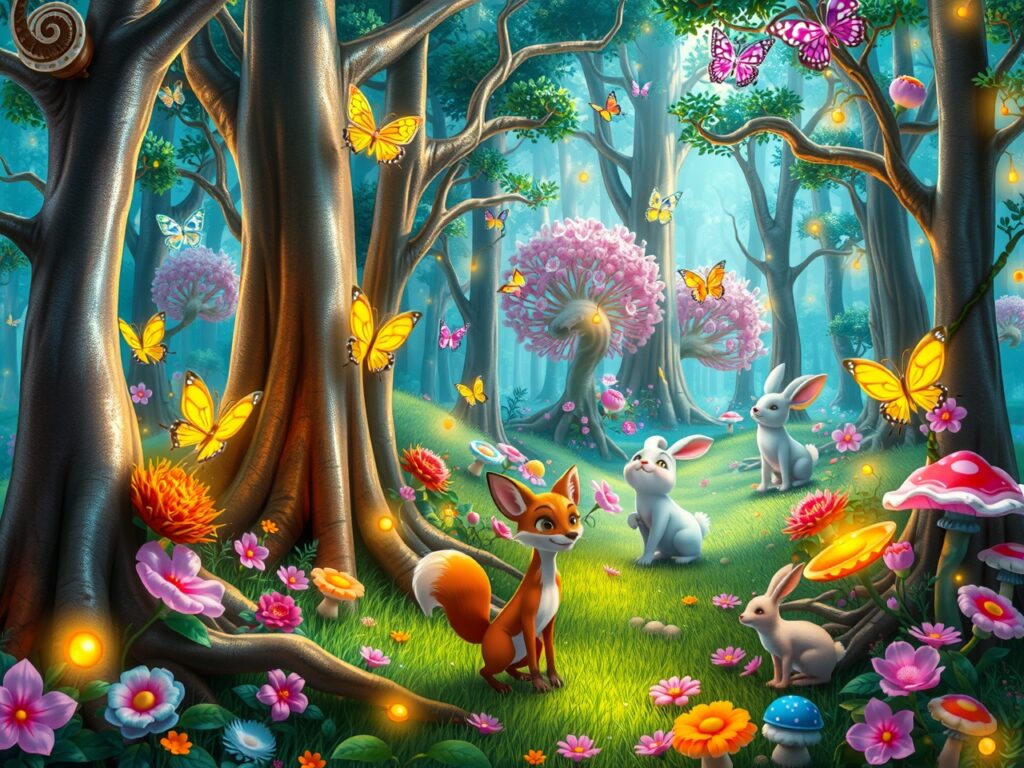 Whimsical Forest with Animated Creatures – free AI stock image