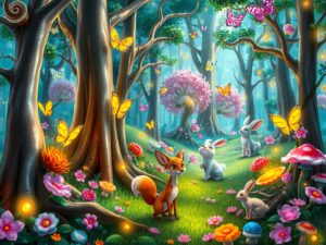 Whimsical Forest with Animated Creatures – free AI stock image
