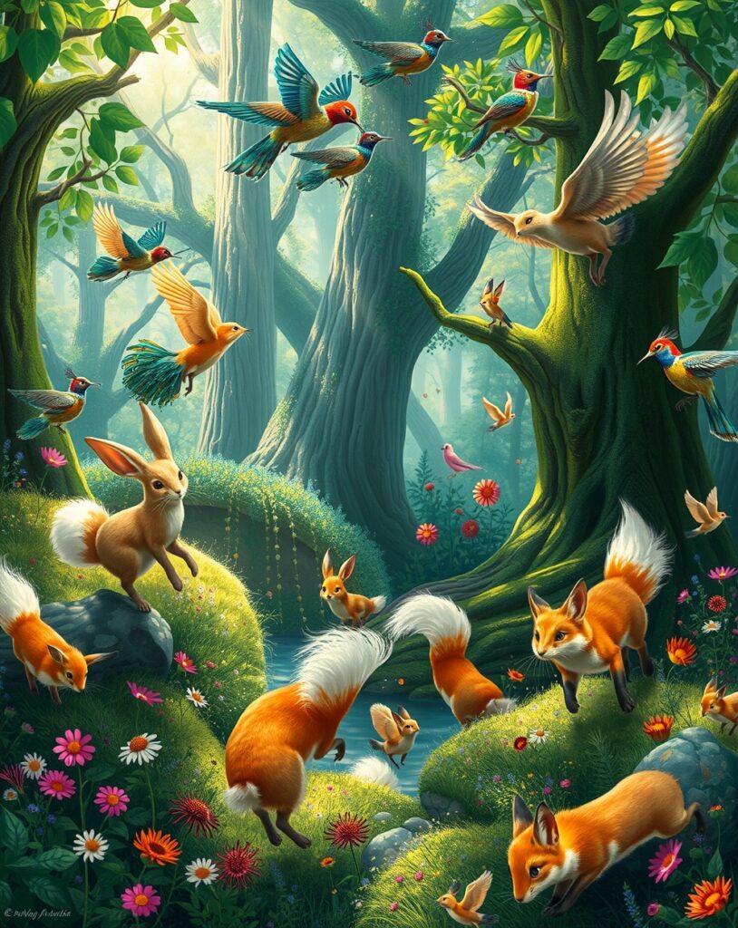 Whimsical Forest with Dancing Animals – free AI stock image