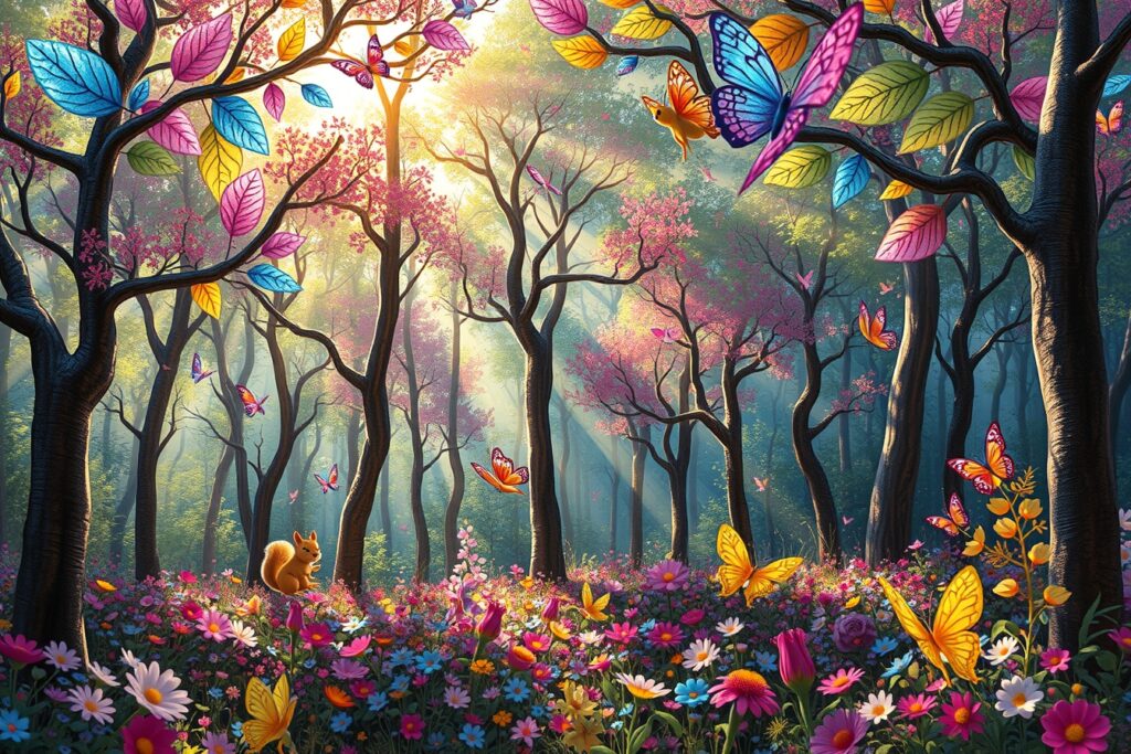 Whimsical Forest with Dancing Colors – free AI stock image