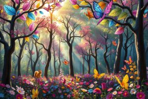 Whimsical Forest with Dancing Colors – free AI stock image