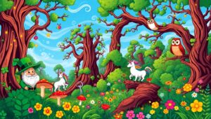Whimsical Forest with Magical Creatures – free AI stock image