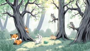 Whimsical Forest with Playful Animals – free AI stock image