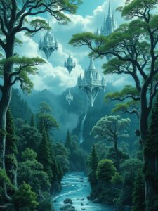Whimsical Forests Merging with Floating Cities – free AI stock image