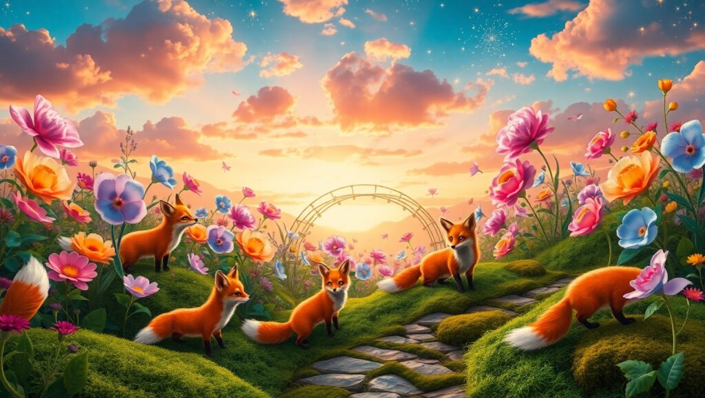 Whimsical Foxes in a Dreamy Garden – free AI stock image