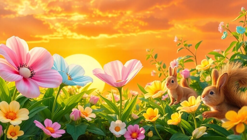 Whimsical Garden Under Sunset – free AI stock image