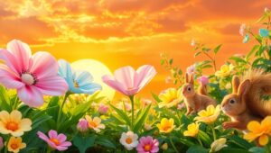 Whimsical Garden Under Sunset – free AI stock image