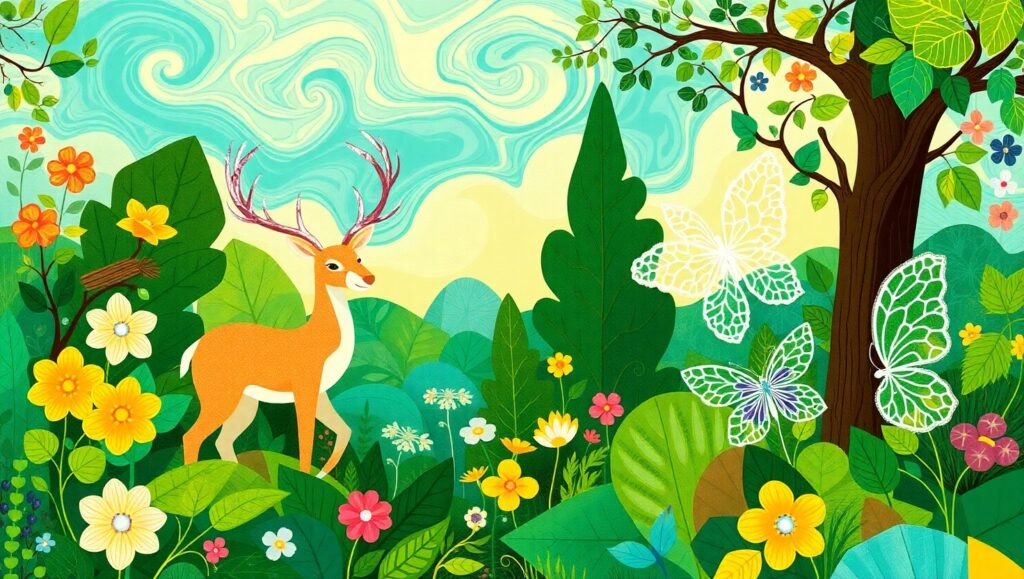 Whimsical Geometric Forest Scene – free AI stock image