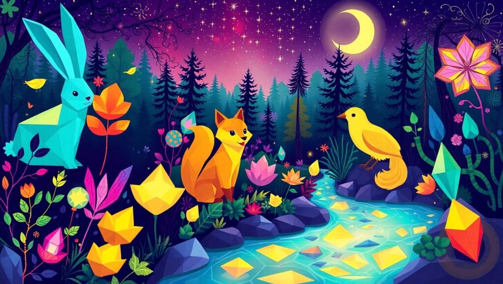 Whimsical Geometric Forest Scene – free AI stock image