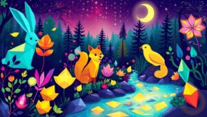 Whimsical Geometric Forest Scene – free AI stock image