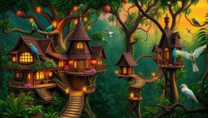 Whimsical Jungle Treehouse Village – free AI stock image