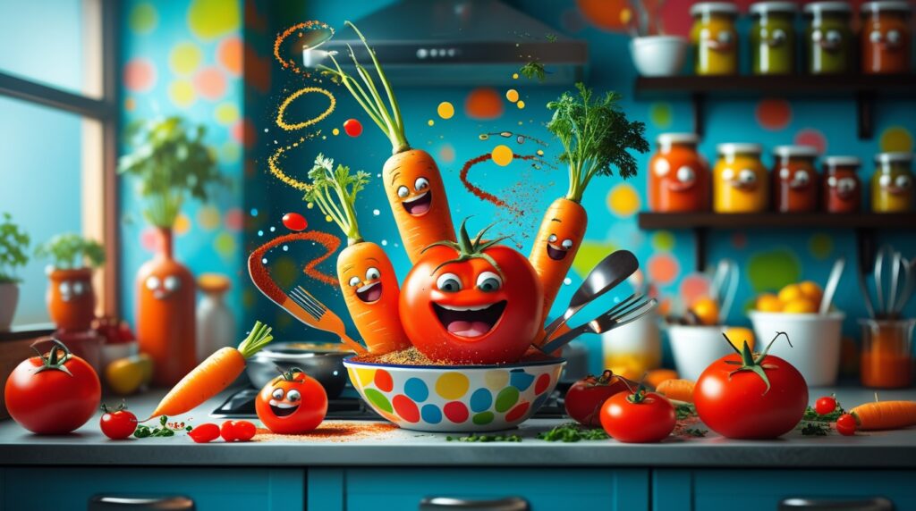 Whimsical Kitchen Adventures with Colorful Ingredients – free AI stock image