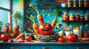 Whimsical Kitchen Adventures with Colorful Ingredients – free AI stock image