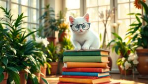 Whimsical Kitten Reading – free AI stock image