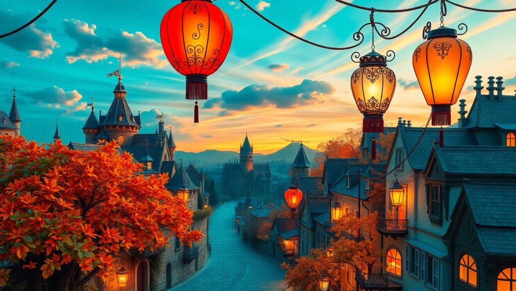 Whimsical Lantern Cityscape – free AI stock image