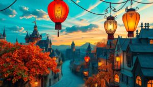 Whimsical Lantern Cityscape – free AI stock image