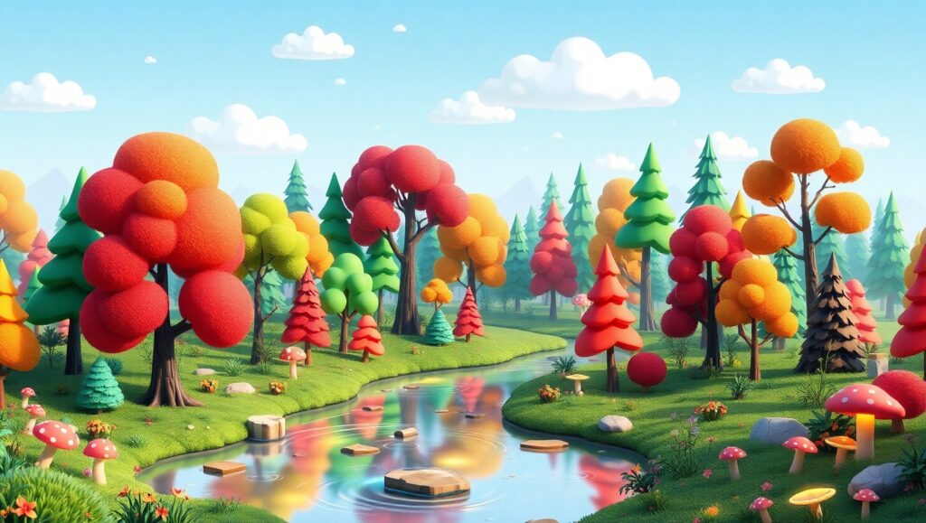 Whimsical Low-Poly Fantasy Forest – free AI stock image