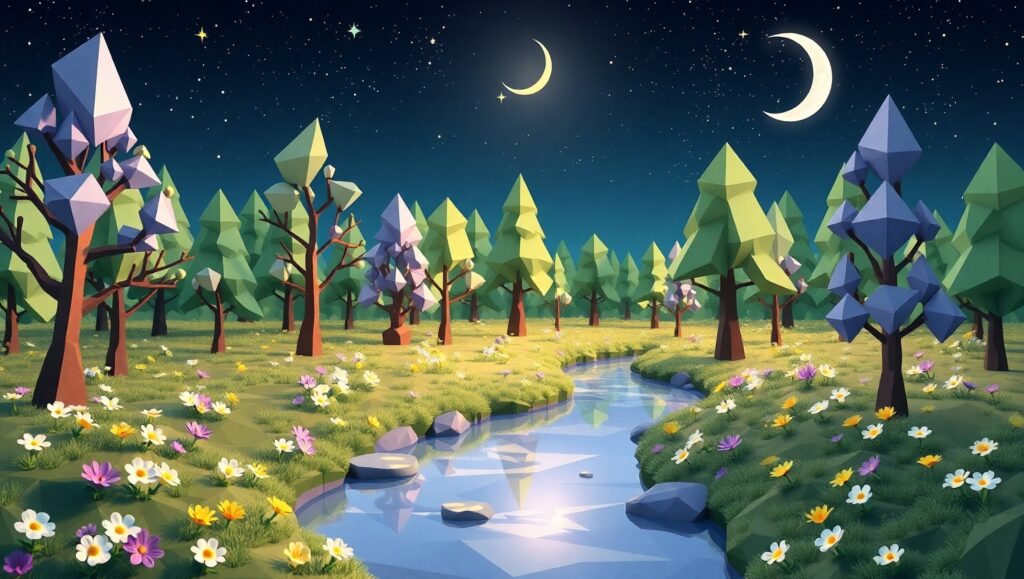 Whimsical Low-Poly Forest Landscape – free AI stock image