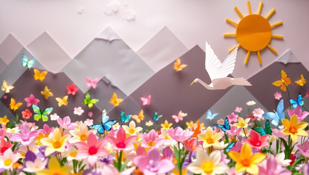 Whimsical Origami Garden Scene – free AI stock image