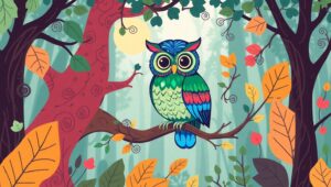 Whimsical Owl in a Colorful Forest – free AI stock image