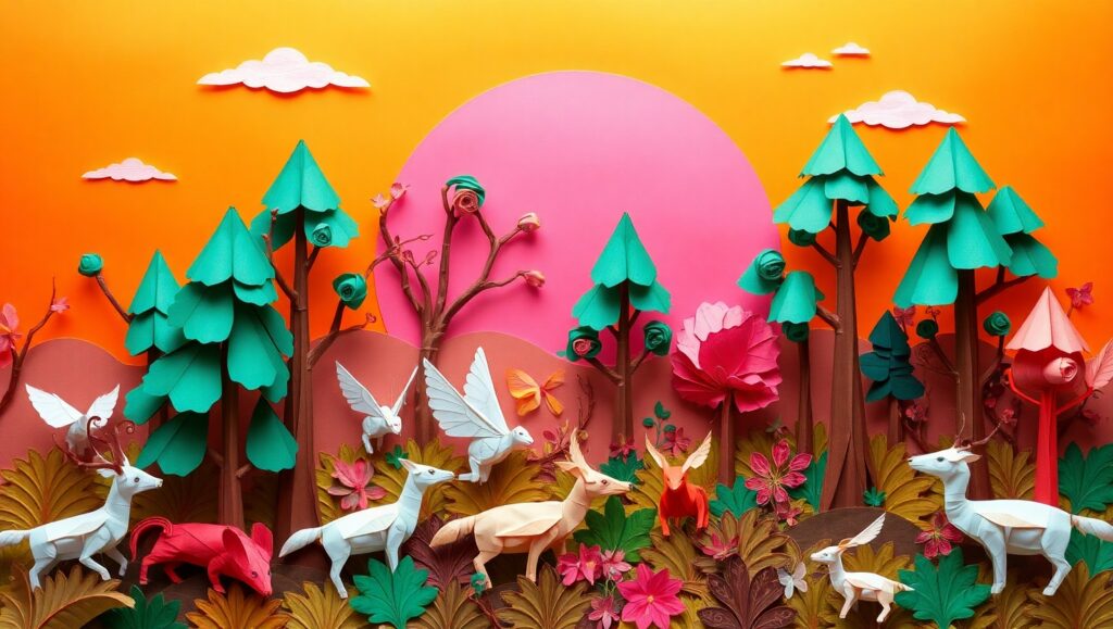 Whimsical Paper Forest Adventure – free AI stock image