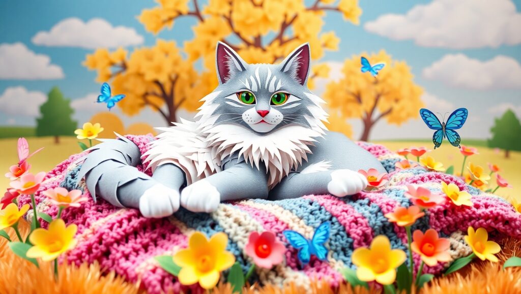 Whimsical Papercraft Cat Paradise – free AI stock image