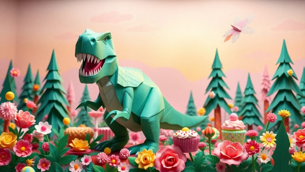 Whimsical Papercraft Dinosaur Adventure – free AI stock image