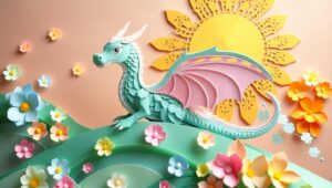 Whimsical Papercraft Dragon Scene – free AI stock image