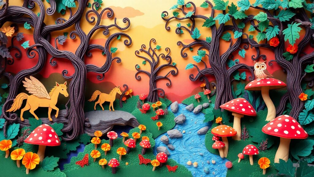 Whimsical Papercraft Forest Adventure – free AI stock image