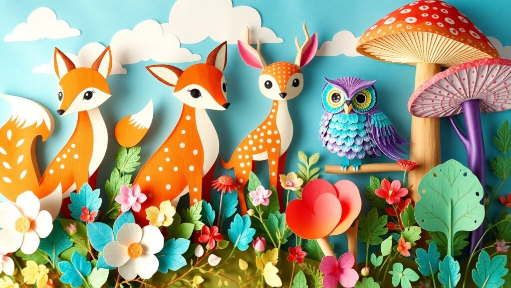 Whimsical Papercraft Forest Adventure – free AI stock image