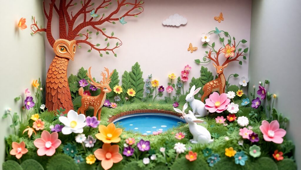 Whimsical Papercraft Forest Adventure – free AI stock image