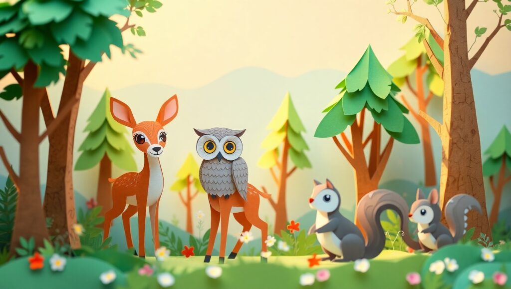 Whimsical Papercraft Forest Adventure – free AI stock image