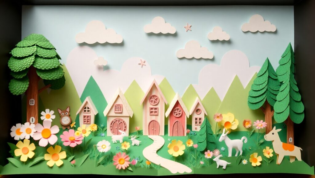 Whimsical Papercraft Forest Village – free AI stock image
