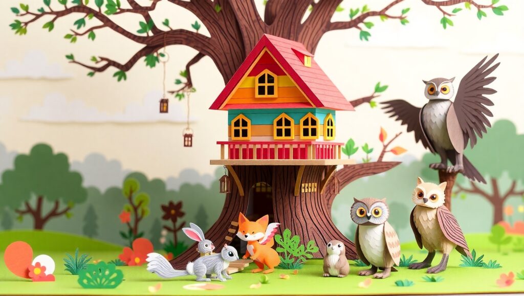 Whimsical Papercraft Treehouse Adventure – free AI stock image