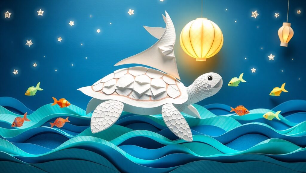 Whimsical Papercraft Turtle Adventure – free AI stock image