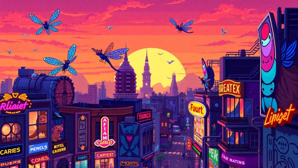 Whimsical Pixel Art Cityscape – free AI stock image