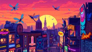 Whimsical Pixel Art Cityscape – free AI stock image