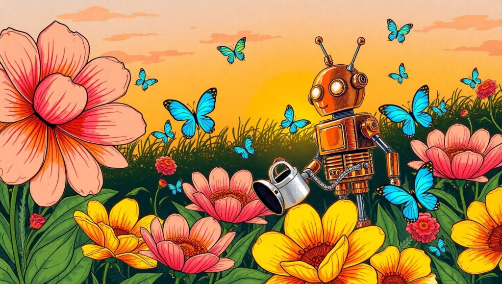 Whimsical Robot Garden Adventure – free AI stock image