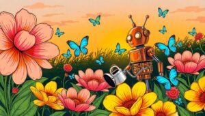 Whimsical Robot Garden Adventure – free AI stock image