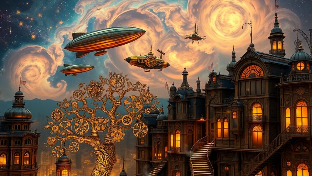 Whimsical Steampunk Cityscape – free AI stock image