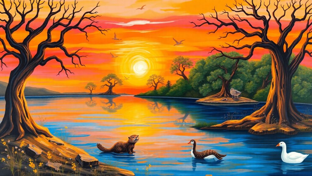 Whimsical Sunset by the Lake – free AI stock image