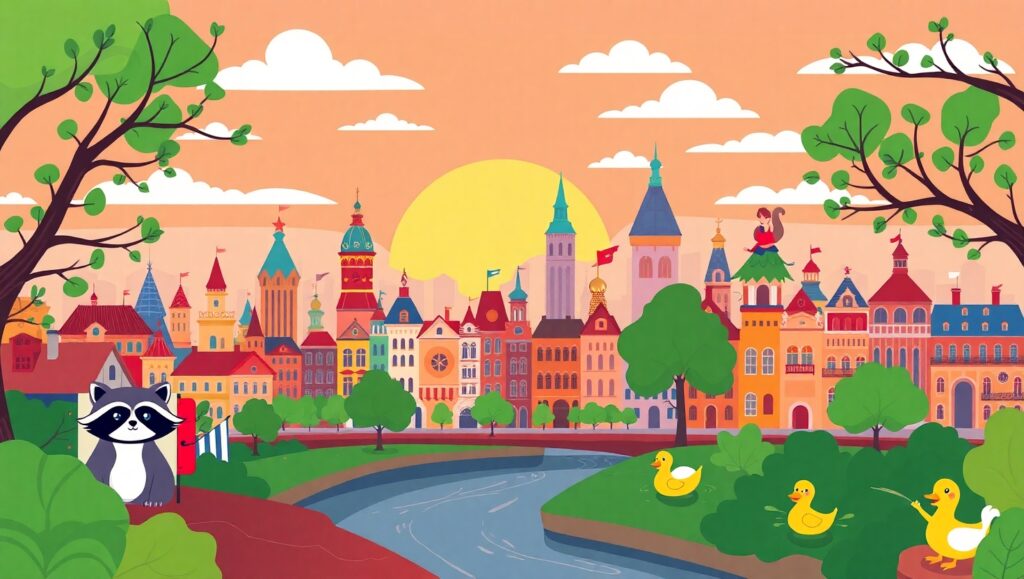 Whimsical Sunset Cityscape – free AI stock image