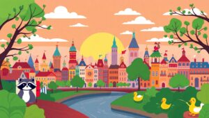 Whimsical Sunset Cityscape – free AI stock image