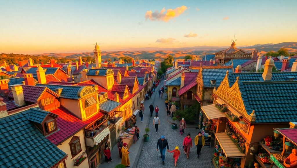 Whimsical Sunset Cityscape – free AI stock image
