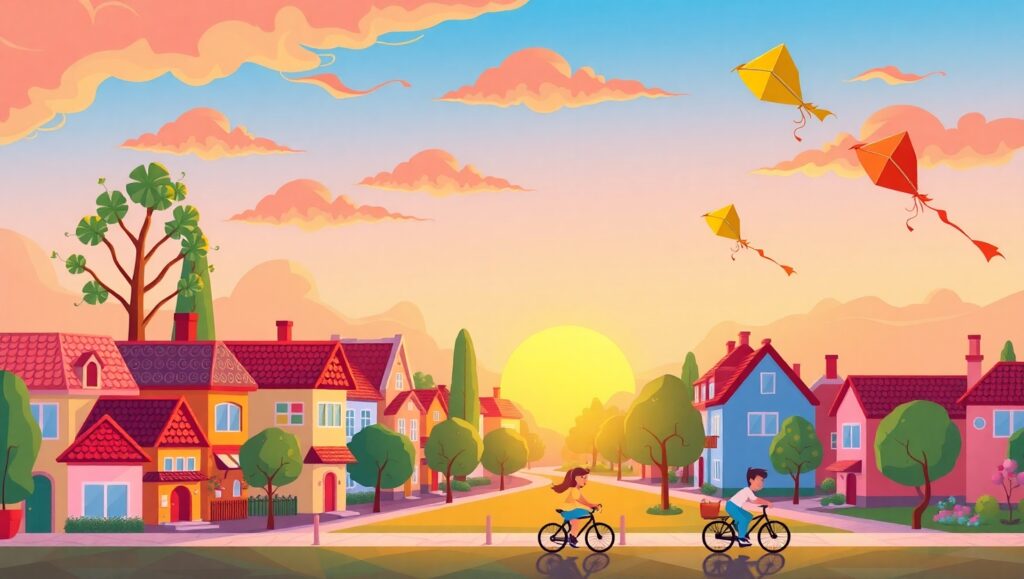 Whimsical Sunset Cityscape – free AI stock image